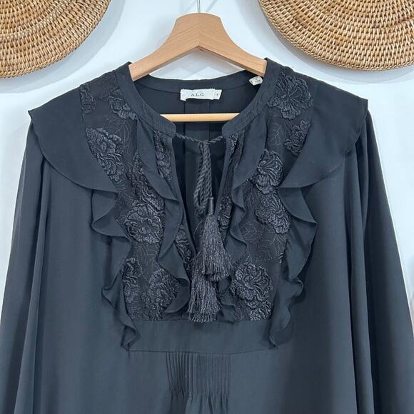 ALC Neutral Black Silk Ruffle Embroidered Flower Long Sleeve Blyth Blouse Top 8 - Picture 4 of 7